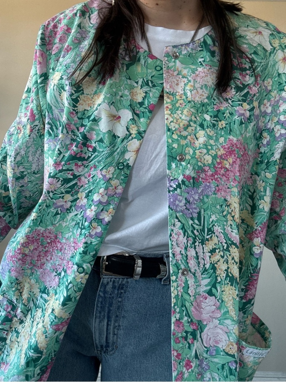 American Vintage Floral Mint Green & Pink Lightweight Cardigan - Picture 2 of 8